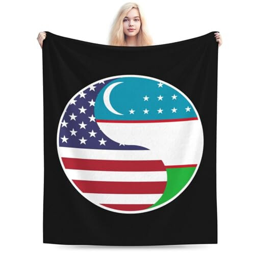 Yin Yang Flag Combination of America and Uzbekistan Throw Blanket for Couch 40