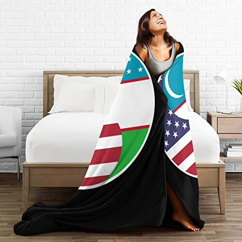 Yin Yang Flag Combination of America and Uzbekistan Throw Blanket for Couch 40