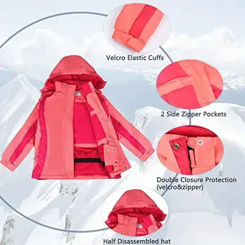 YINGJIELIDE qizlar uchun suv o'tkazmaydigan chang'i ko'ylagi, bolalar uchun ochiq havoda snoubordga chidamli shamol o'tkazmaydigan ko'ylagi, jun qoplamasi bilan jihozlangan kapüşon, iliq qishki qor paltosi - 2