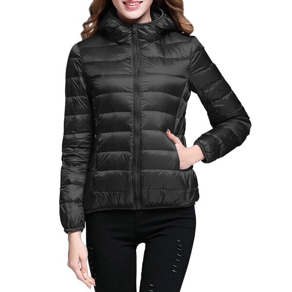 yinguo women's packable down jacket lightweight puffer jacket hooded winter coat black l- - 5