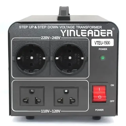 Yinleader 110V to 220/230V Voltage Converter Transformer Step Up/Down 120V to 240V with 2 US&2 EU Outlets 1500W - 2