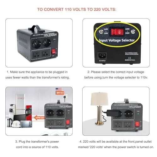Yinleader 110V to 220/230V Voltage Converter Transformer Step Up/Down 120V to 240V with 2 US&2 EU Outlets 1500W - 6