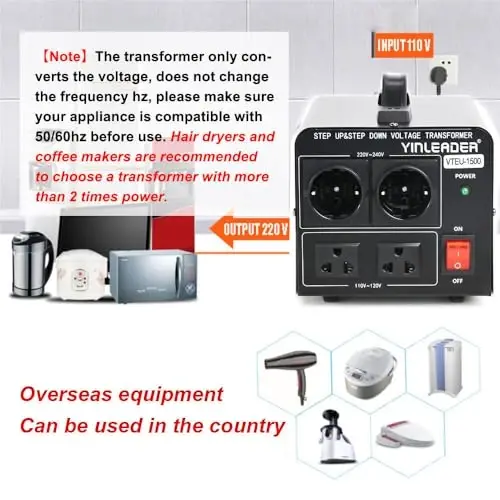 Yinleader 110V dan 220/230V gacha kuchlanish konvertor transformatori Step Up/Down 120V dan 240V gacha 2 AQSh va 2 Yevropa rozetkalari bilan 1500W - 5