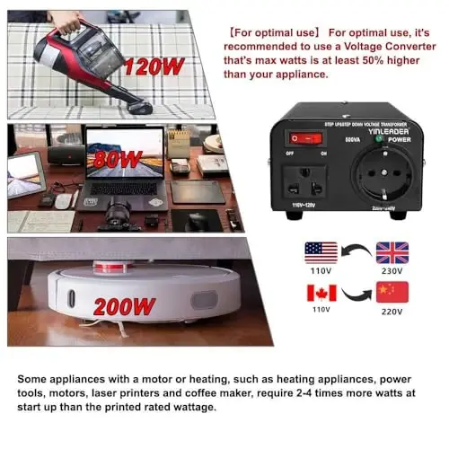 Yinleader 110v to 220v European Voltage Converter Transformer 500W Step Up Converter 110/120 Volt to 220/230/240 Volt or Step Down 220 to 110,[110V US Power Cord Included Only, No 220V Cord] - 5