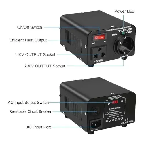 Yinleader 110v to 220v European Voltage Converter Transformer 500W Step Up Converter 110/120 Volt to 220/230/240 Volt or Step Down 220 to 110 w/US Power Cord,Circuit Breaker Protection - 6