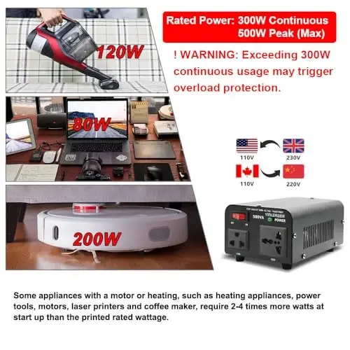 Yinleader 500W Voltage Transformer Power Converter(110V to 220V, 220V to 110V) Step Up/Down Converter 110/120 Volt - 220/240 Volt w/US Power Cord [300W Continuous Power] - 5