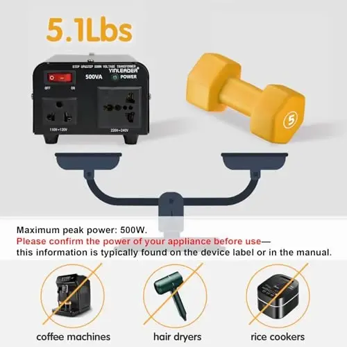 Yinleader 500W Voltage Transformer Power Converter(110V to 220V, 220V to 110V) Step Up/Down Converter 110/120 Volt - 220/240 Volt w/US Power Cord [300W Continuous Power] - 6