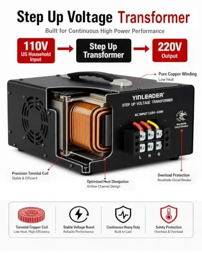 Yinleader 6000W PRO Step Up Transformer, Hardwire Connection Only AC 110-120V to 220-240V High Capacity Voltage Converter, Circuit Breaker Safe Protection for EV Charging(excludes Cable) - 4