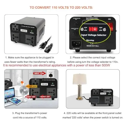Yinleader 800W Voltage Converter Step Up 110V-120V to 220V-240V & Step Down 220V-240V to 110V-120V Power Transformer w/US Power Cord,Circuit Breaker Protection (VTUS-800) - 4