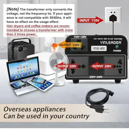 Yinleader 800W Voltage Converter Step Up 110V-120V to 220V-240V & Step Down 220V-240V to 110V-120V Power Transformer w/US Power Cord,Circuit Breaker Protection (VTUS-800) - 3