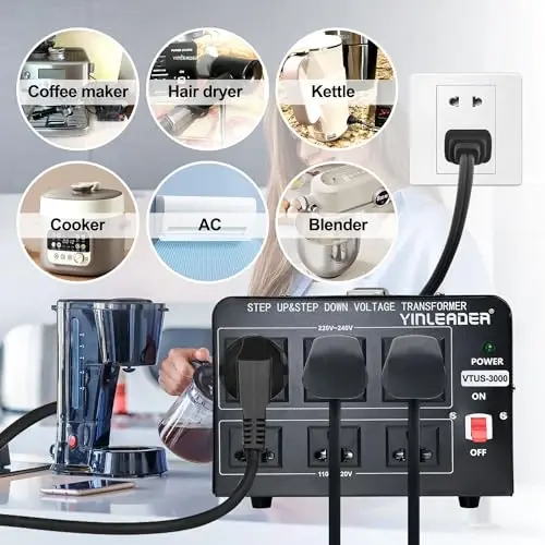 Yinleader Voltage Converter Transformer(110V to 220V, 220V to 110V) Step Up/Down Transformer Converter 110/120 Volt - 220/240 Volt w/US Power Cord,Circuit Breaker Protection (VTUS-3000-6S) - 4