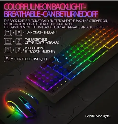 YinRazer Membrane Gaming Keyboard,98 Keys Three Spell Color Matching Game Keyboard,Colorful Neon LED Backlight Ultra-Compact USB Wired Keyboard,for Mac/Win System Laptop PC Gamer Typist (Purple) - 6