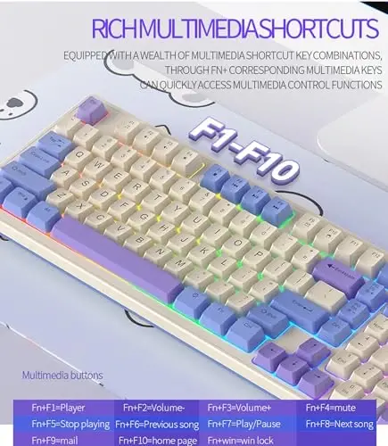YinRazer Membrane Gaming Keyboard,98 Keys Three Spell Color Matching Game Keyboard,Colorful Neon LED Backlight Ultra-Compact USB Wired Keyboard,for Mac/Win System Laptop PC Gamer Typist (Purple) - 7