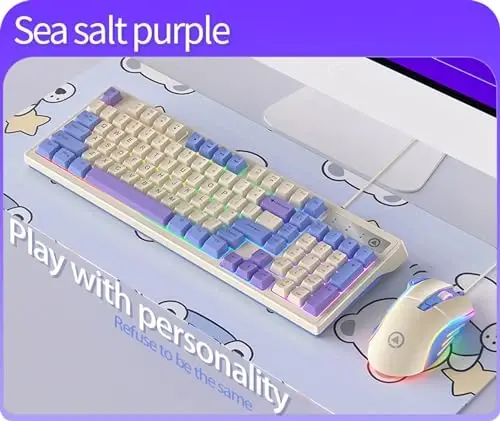 YinRazer Membrane Gaming Keyboard,98 Keys Three Spell Color Matching Game Keyboard,Colorful Neon LED Backlight Ultra-Compact USB Wired Keyboard,for Mac/Win System Laptop PC Gamer Typist (Purple) - 3