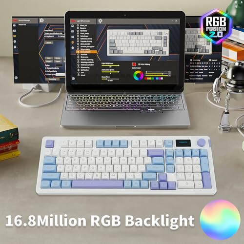 YinRazer L98 Kablosuz Membran Klavye Üç Modlu Bağlantı RGB Klavye MAC/Win İçin, Döner Topuz + Ekran Contası Montajlı Sa Profil Tuş Kapakları, 98 Tuş Yazılımla Programlanabilir Oyun Klavyesi (Deniz Tuzu) - 6