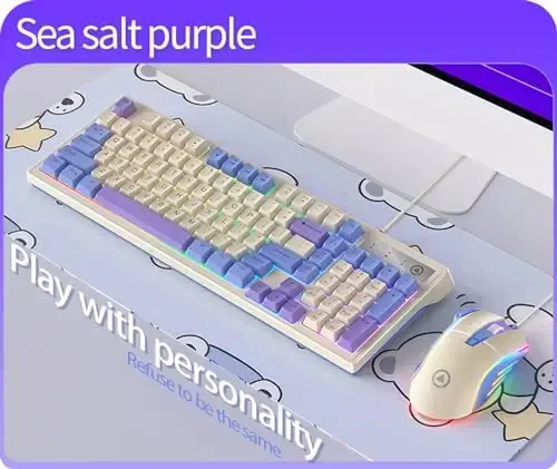 YinRazer Membrane Gaming Keyboard,98 Keys Three Spell Color Matching Game Keyboard,Colorful Neon LED Backlight Ultra-Compact USB Wired Keyboard,for Mac/Win System Laptop PC Gamer Typist (Purple) - 3