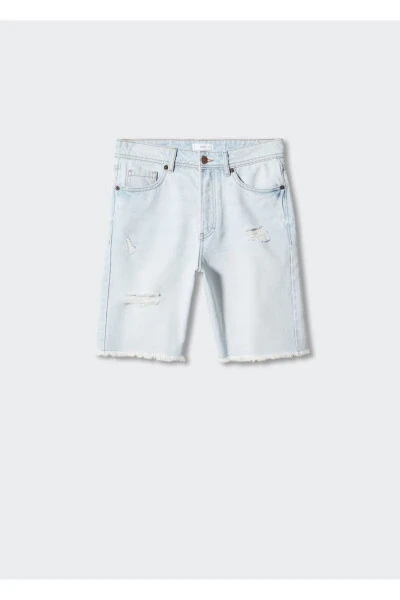 Yirtilgan tafsilotli Bermuda denim shortlar - 3