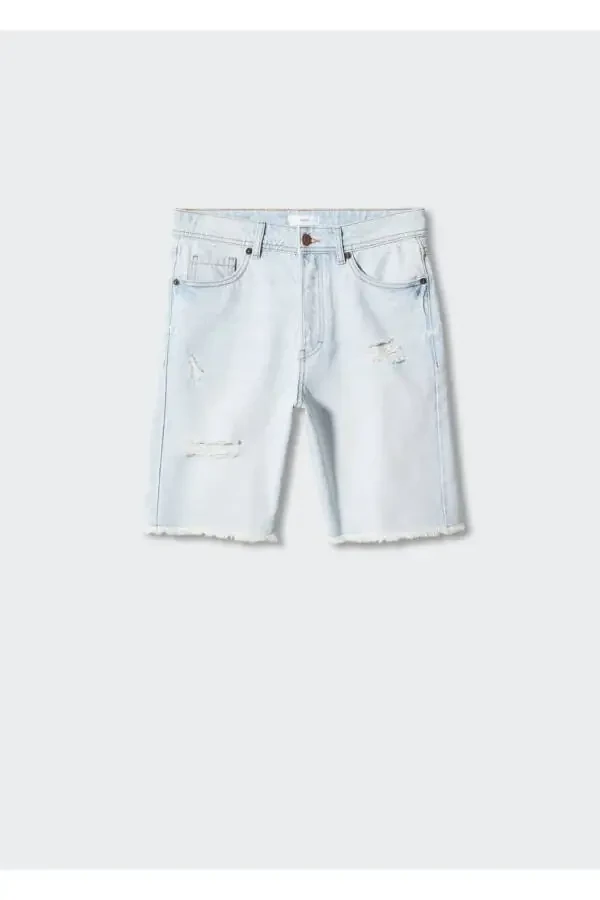 Yirtilgan tafsilotli Bermuda denim shortlar - 3