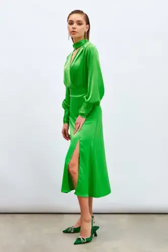 Yirtiq saten yubka - Yashil - SATEEN (1)