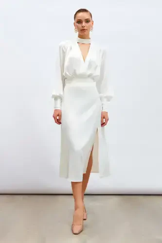 Yirtiq Satendan Yubka - Ekru - 3