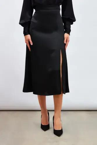 Yirtiq Satin Yubka - QORA - 4