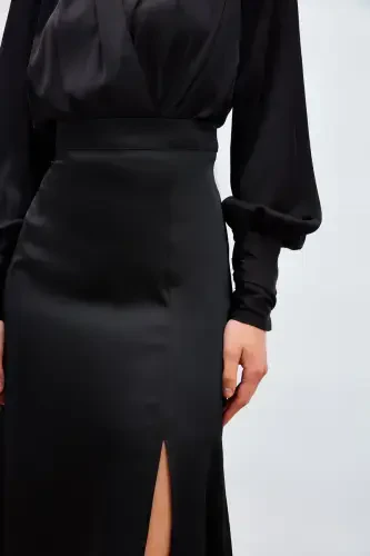 Yirtiq Satin Yubka - QORA - 5