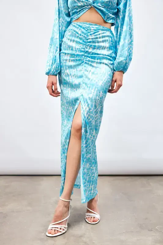 Yirtiq tafsilotli naqshli midi yubka - TURKUAZ - 7