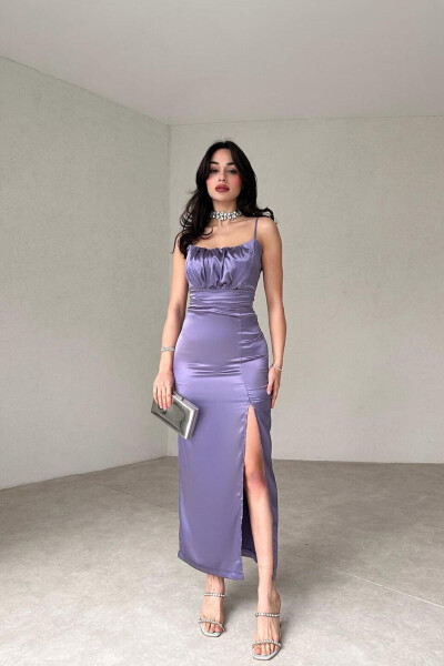 YIRTMAÇ DETAYLI ASKILI SATEN ELBİSE-LİЛА - ALFUDO MODA COLLECTION