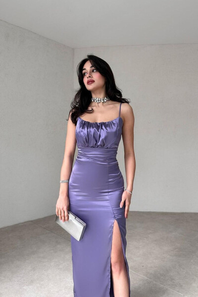 Yırtmaç Detaylı Askılı Lila Saten Elbise-LİLA - 2