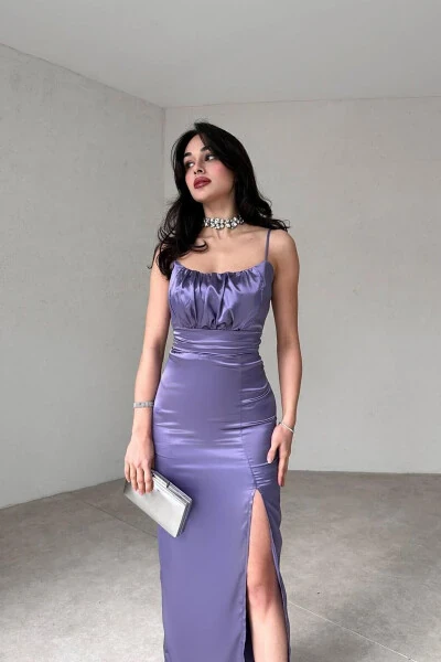 Yırtmaç Detaylı Askılı Lila Saten Elbise-LİLA - Modazone (1)