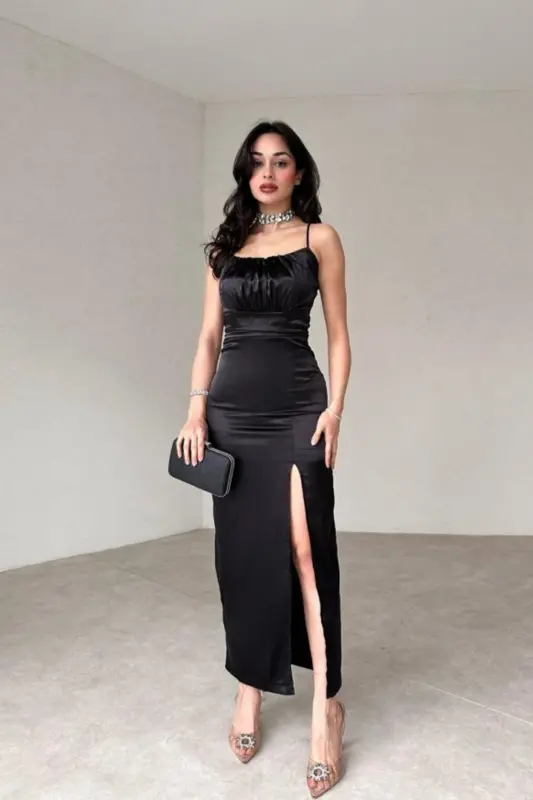 YIRTMAÇ DETAYLI ASKILI SATEN ELBİSE-SİYAH - ALFUDO MODA COLLECTION