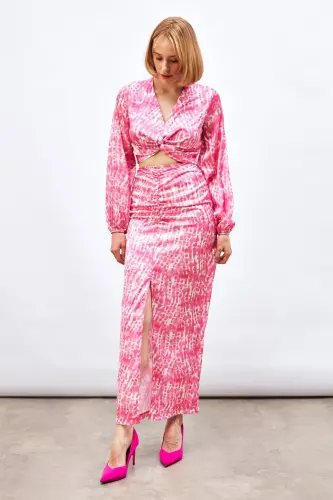 Yırtmaç Detaylı Desenli Uzun Etek - Pembe-PEMBE - SATEEN (1)