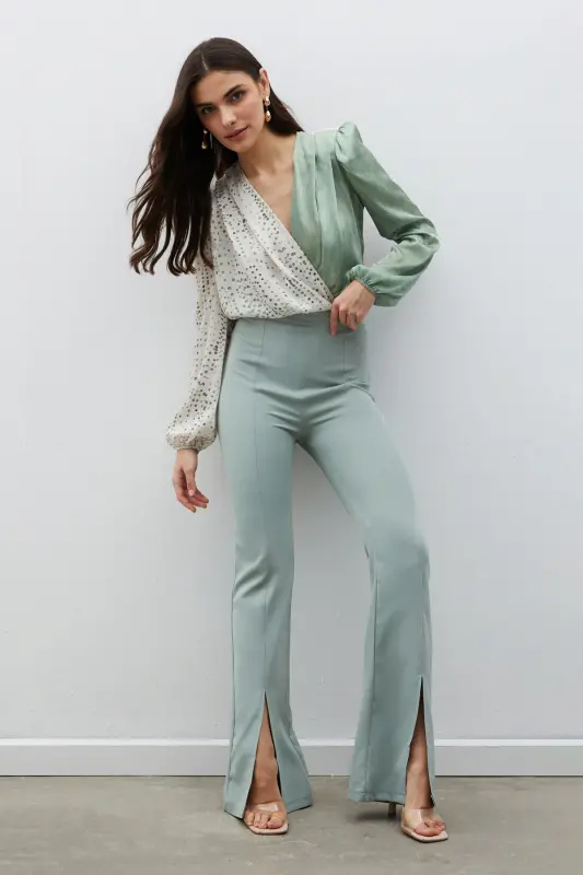 Yırtmaç Detaylı İspanyol Pantolon - Çağla Yeşili-ÇAĞLA YEŞİLİ - 1