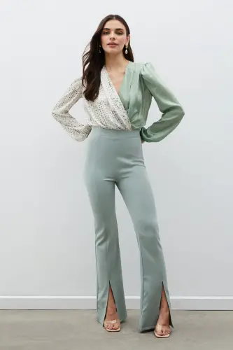 Yırtmaç Detaylı İspanyol Pantolon - Çağla Yeşili-ÇAĞLA YEŞİLİ - 2
