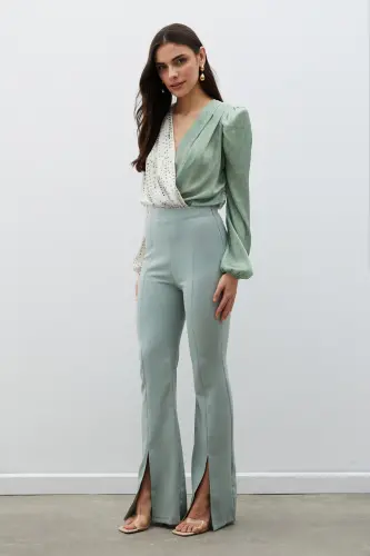 Yırtmaç Detaylı İspanyol Pantolon - Çağla Yeşili-ÇAĞLA YEŞİLİ - 3
