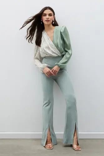 Yırtmaç Detaylı İspanyol Pantolon - Çağla Yeşili-ÇAĞLA YEŞİLİ - 4