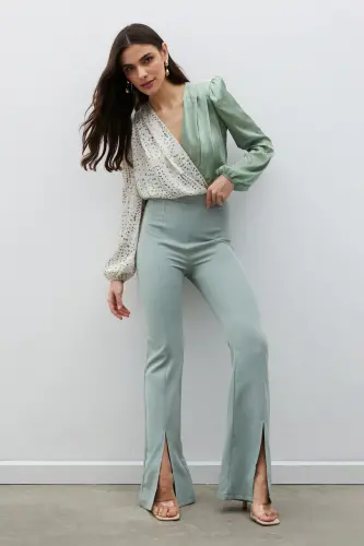 Yırtmaç Detaylı İspanyol Pantolon - Çağla Yeşili-ÇAĞLA YEŞİLİ 