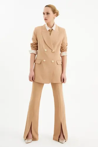 Yırtmaç Detaylı İspanyol Pantolon - Camel - CAMEL - SATEEN (1)