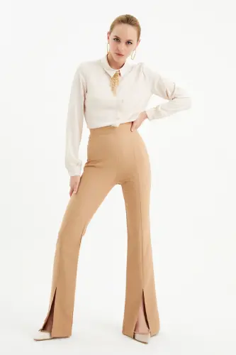 Yırtmaç Detaylı İspanyol Pantolon - Camel - CAMEL - 3