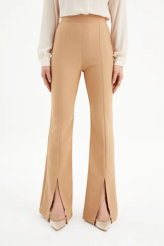 Yırtmaç Detaylı İspanyol Pantolon - Camel - CAMEL - 4