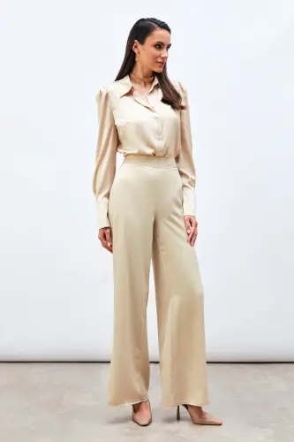 Yırtmaç Detaylı Saten Pantolon - Bej-BEJ - 2
