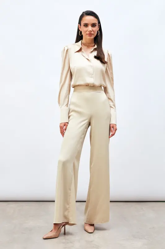 Yırtmaç Detaylı Saten Pantolon - Bej-BEJ - 4