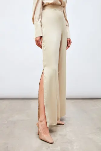 Yırtmaç Detaylı Saten Pantolon - Bej-BEJ - 6
