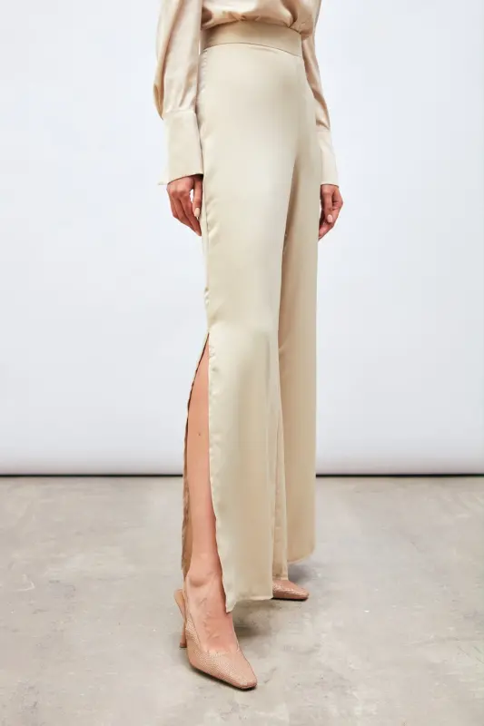 Yırtmaç Detaylı Saten Pantolon - Bej-BEJ - 6