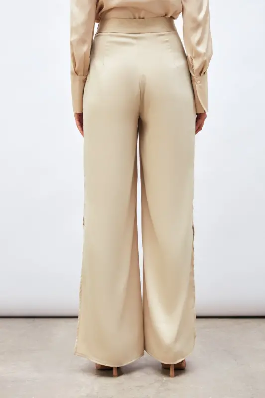 Yırtmaç Detaylı Saten Pantolon - Bej-BEJ - 7