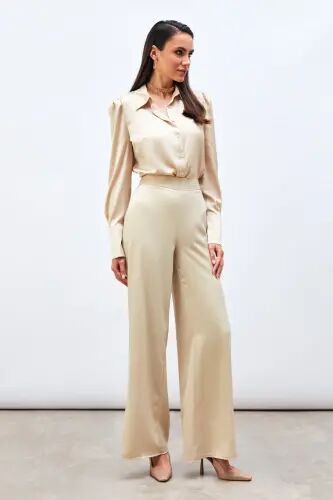 Yırtmaç Detaylı Saten Pantolon - Bej - BEJ - Sateen (1)