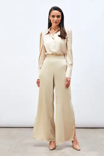 Yırtmaç Detaylı Saten Pantolon - Bej - BEJ - 3