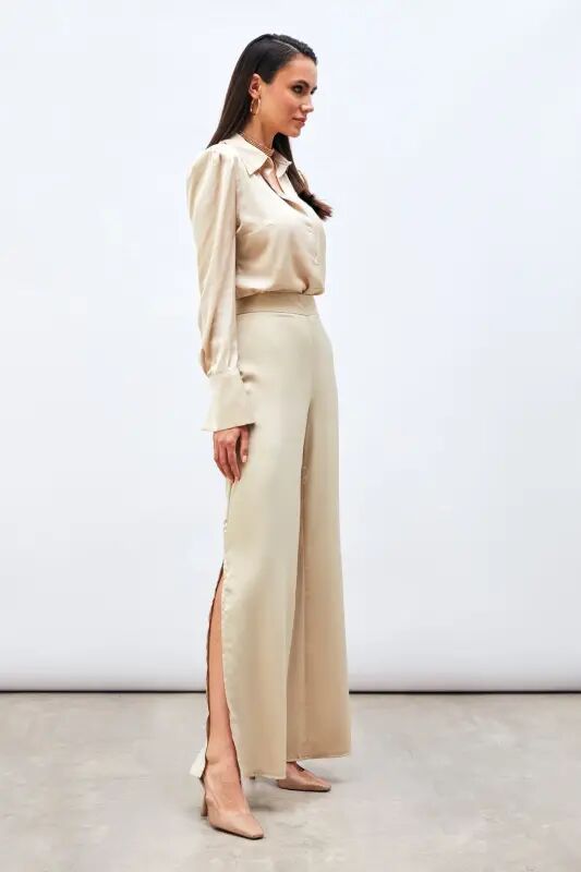 Yırtmaç Detaylı Saten Pantolon - Bej - BEJ - Sateen