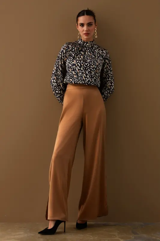 Yırtmaç Detaylı Saten Pantolon - Camel-CAMEL - 2