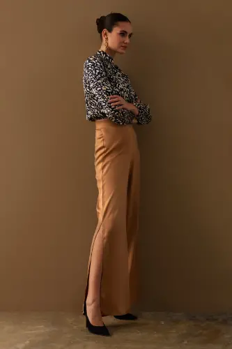 Yırtmaç Detaylı Saten Pantolon - Camel-CAMEL - 3
